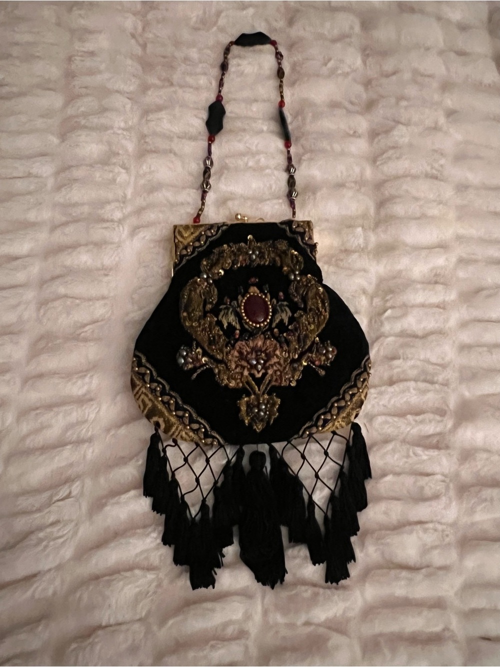 Vintage Victorian Art Deco Mary Frances Black Embroidered Fringe Evening Bag